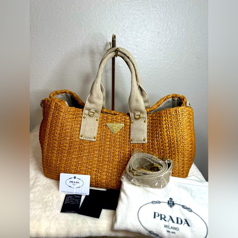 Prada Structured Tote Brown Straw Bag with strap